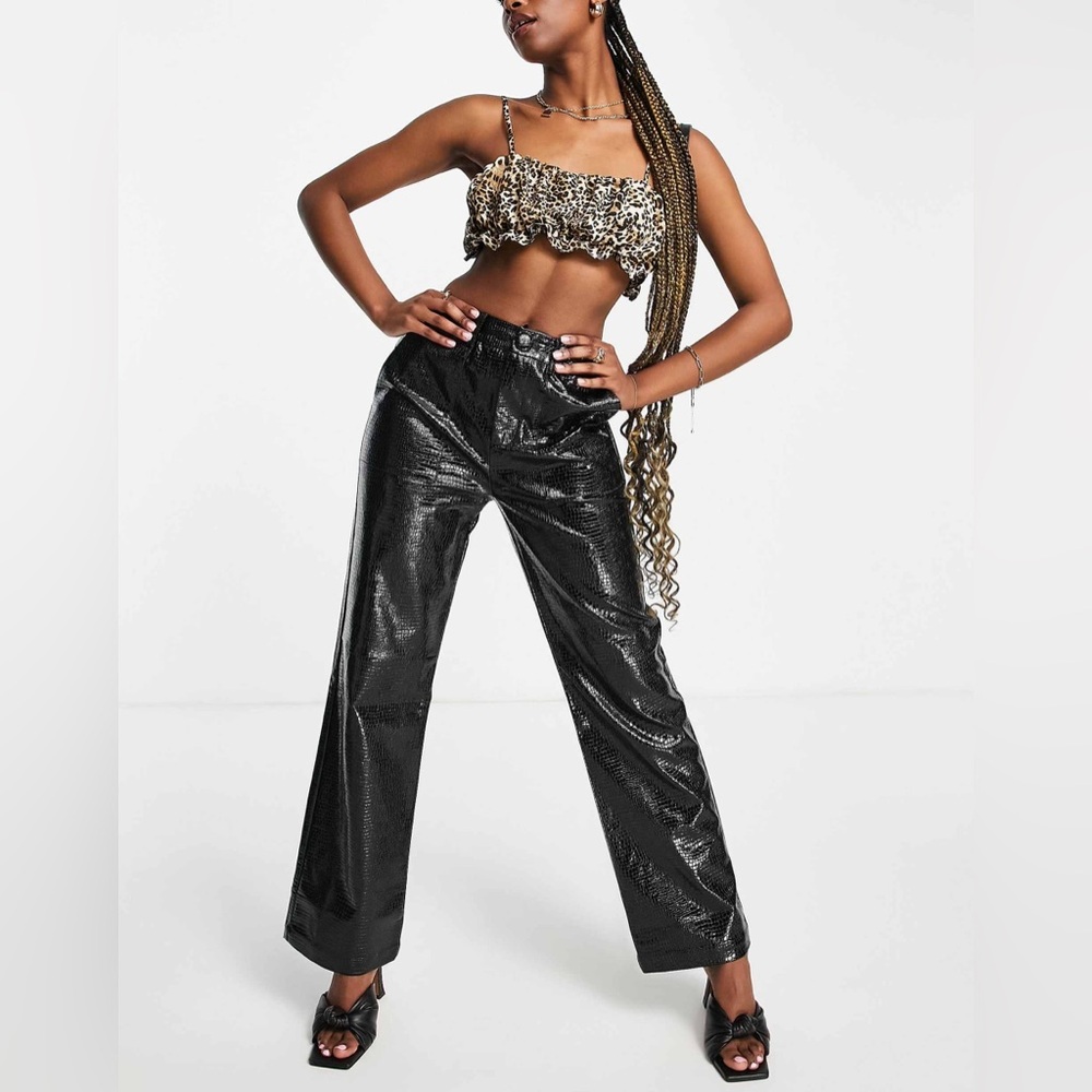 ASOS 4th & Reckless wide leg leather look pants in black croc size Small